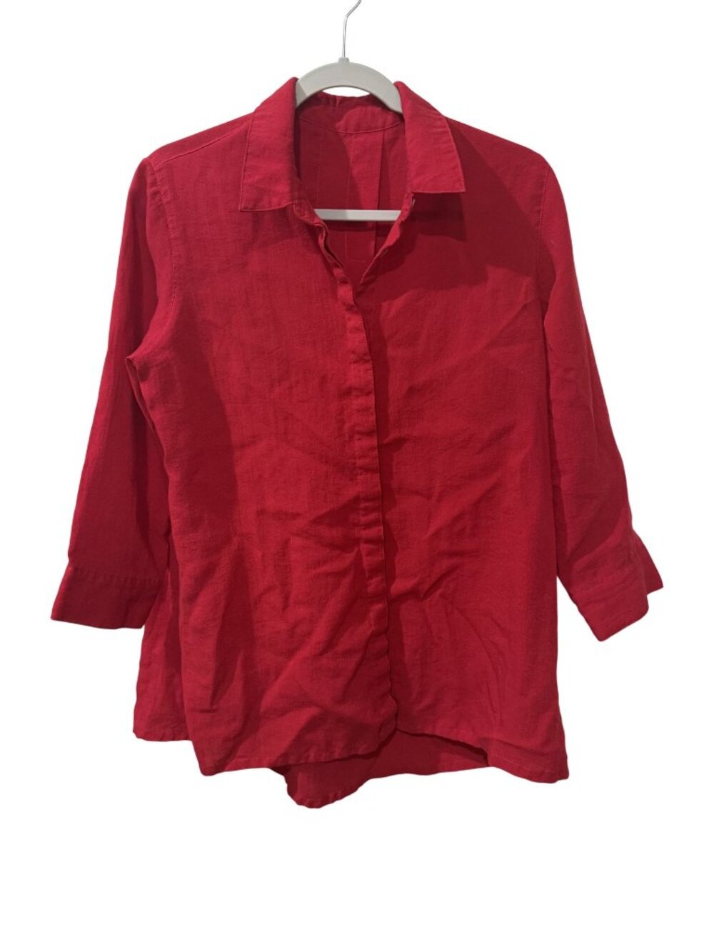 Fridaze Red Linen Button-Up Shirt Womens Medium - 3/4 Sleeve Lightweight Top